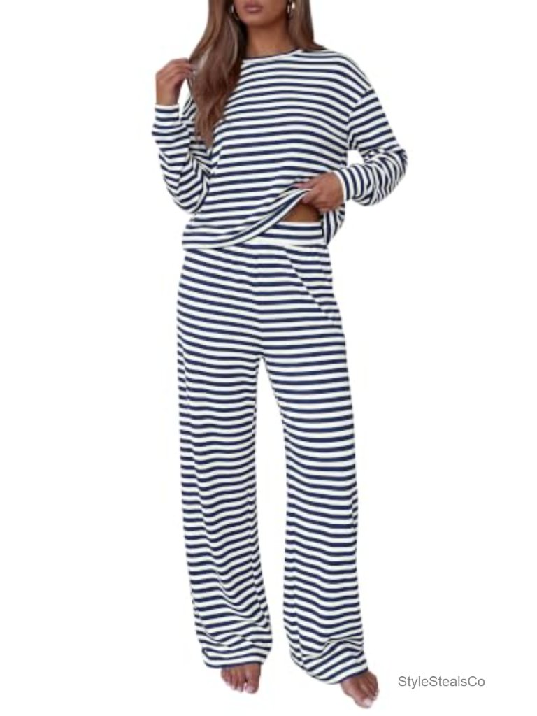 Striped Lounge Set 2 Piece Outfit Pajama Set Crew Neck Wide Leg